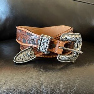 Justin Western Leather Belt With Silver Plated Buckle.